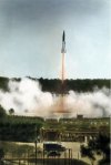 A V-2 rocket is launched from the German army research center in Peenemünde in 1943