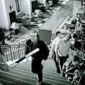 Wendy backing up the stairs swinging the baseball bat in The Shining. Stanley Kubrick had this scene shot 127 times