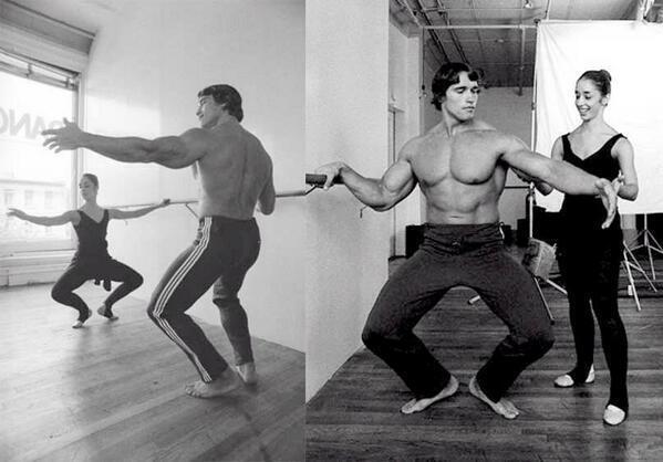 Arnold Schwarzenegger prende una lezione di ballo dalla ballerina Marianne Claire. 4 ottobre 1976