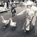 Dorothy Reynolds sfila con le sue oche, Elvis e Kathy, durante una parata di Pasqua su Charles Street nel 1974