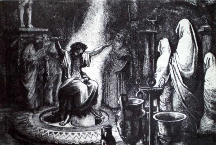 La Pizia che profetizza fra i vapori che fuoriuscivano dal crepaccio