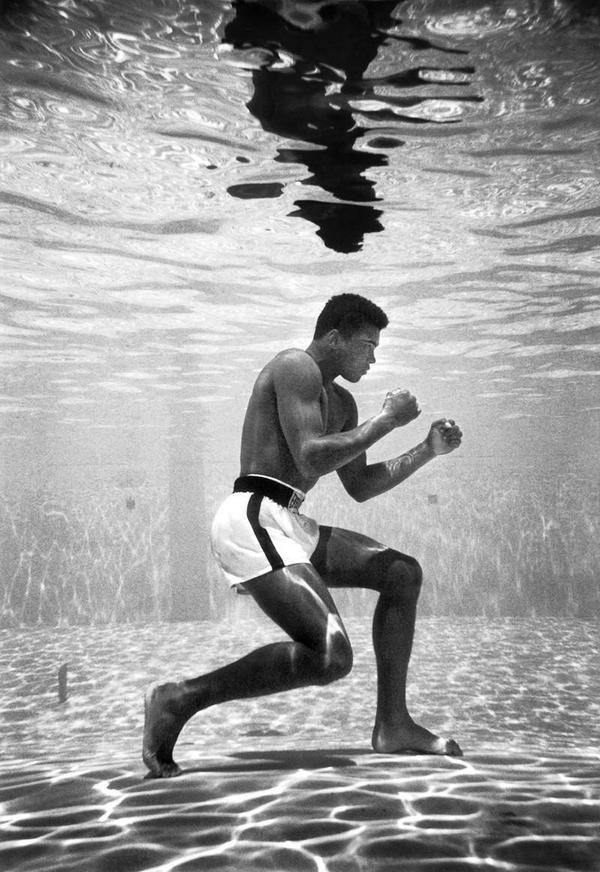 Muhammad Ali si allena in una piscina al Sir John Hotel, Miami, 1961 (Foto di flip Schulke)