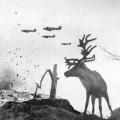 Una renna scioccata guarda gli aerei della Seconda Guerra Mondiale che fanno cadere bombe sulla Russia nel 1941