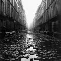 I libri galleggianti della biblioteca lungo una strada durante il Diluvio Universale di Parigi 1910