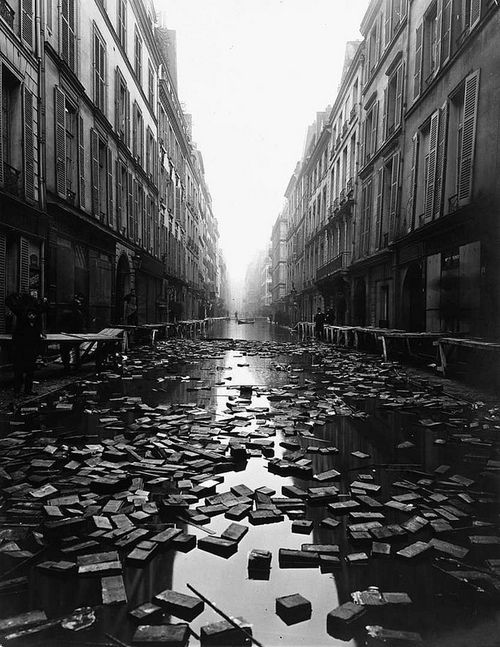 I libri galleggianti della biblioteca lungo una strada durante il Diluvio Universale di Parigi 1910