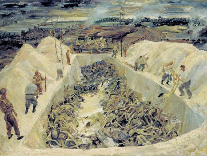 Leslie Cole - One of the Death Pits, Belsen; SS guards collecting bodies