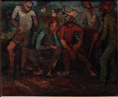 Arieh (Leo) Lubin - Double sided painting- Workers (recto) and Abstract (verso)