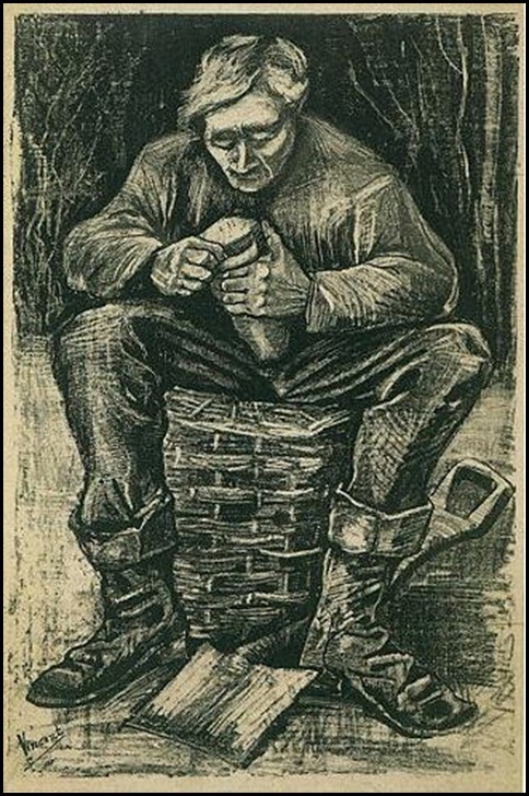 Vincent Van Gogh - Lavoratore che affetta del pane, seduto su una cesta (1882)