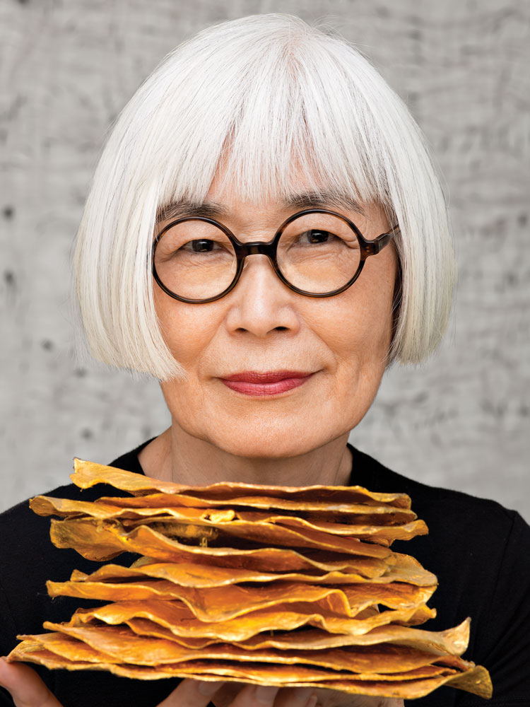 Kiyomi Iwata - Iwata continues to find satisfaction in new experiments, such as embellishing sea grape leaves with gold leaf. Photo by Robert Severi