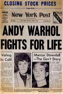 Il New York Post riporta la notizia del tentato omicidio di Andy Warhol