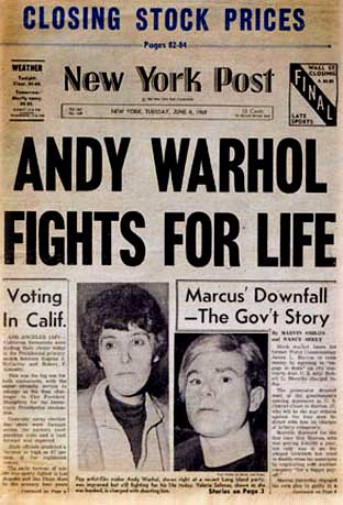 Il New York Post riporta la notizia del tentato omicidio di Andy Warhol