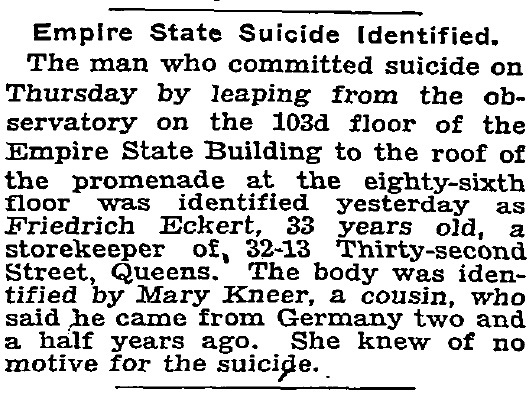 NY Tims, 5 novembre 1932. I suicidi erano molto frequenti sull'Empire State Building