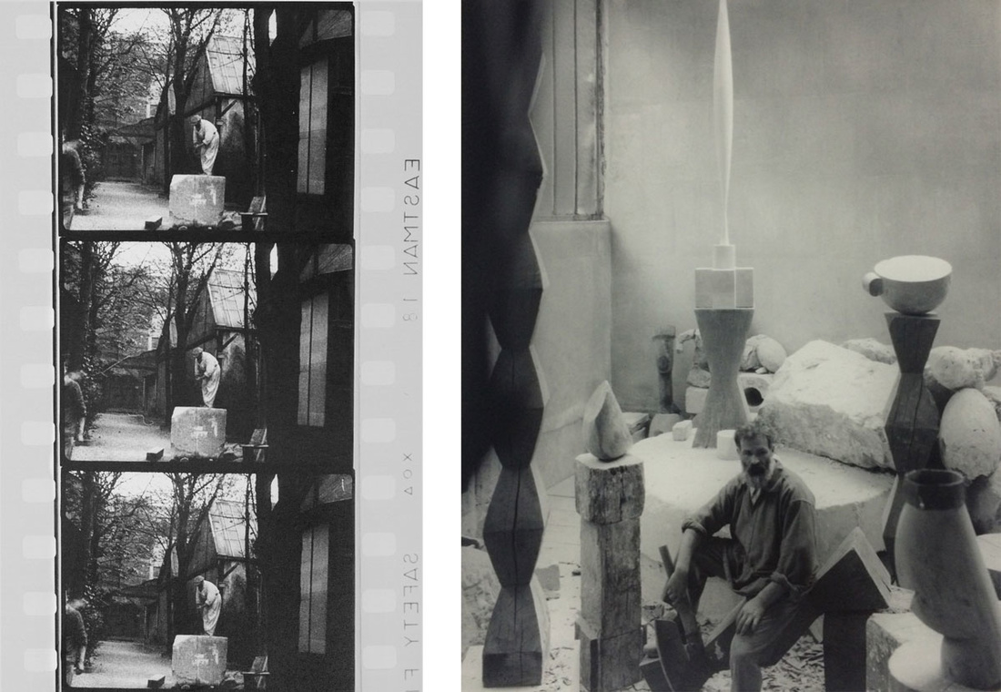 A sinistra: Constantin Brancusi sega un blocco di calcare, Impasse Ronsin, 1932. © Succession Brancusi - Tutti i diritti riservati ADAGP, Paris / Artist Rights Society (ARS), New York. Foto per gentile concessione di Paul Kasmin Galleria; A destra: Edward Steichen, Brancusi nel suo studio. Immagine per gentile concessione di See + Gallery, Pechino