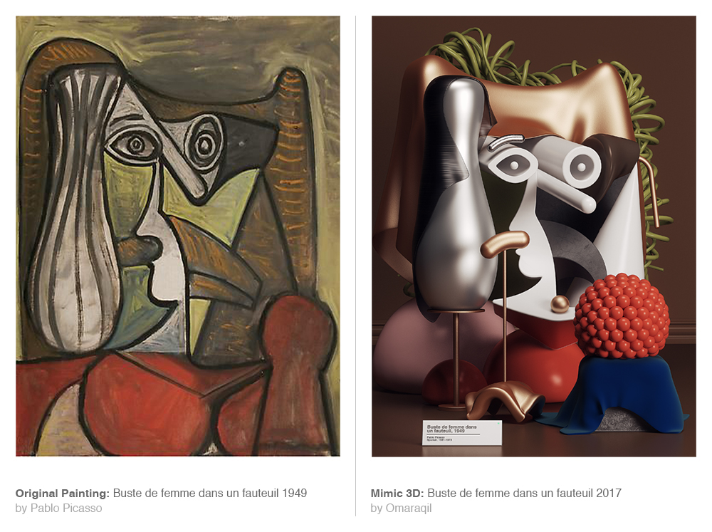 Original Painting: Buste de femme dans un fauteuil (1949) by Pablo Picasso - Mimic 3d: Buste de femme dans un fauteuil (2017) by Omar Aqil