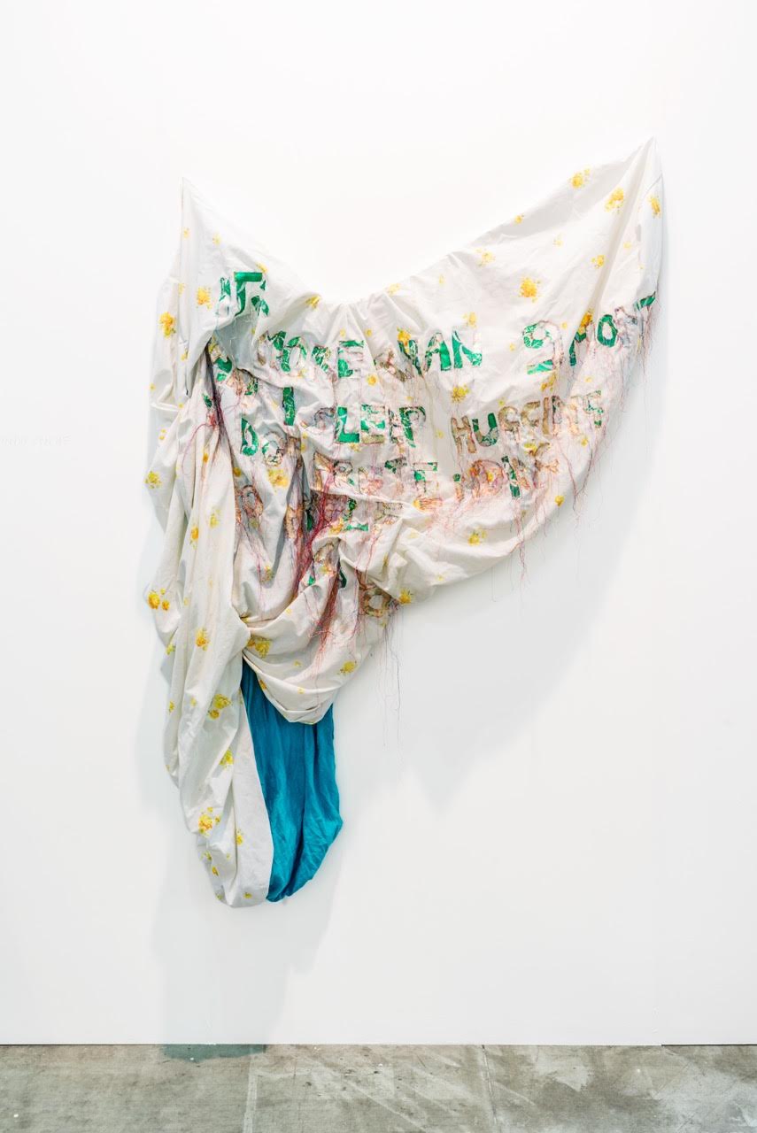 Ruben Montini - Soli. Come due cani eremite, (it’s more than 9 months that I sleep hugging my dog pretending to myself it’s you), 2016 100 x 160cm approx. Broccato sardo su cotone. Ph. Ela bialkowska, OKNOstudio. Collezione privata.