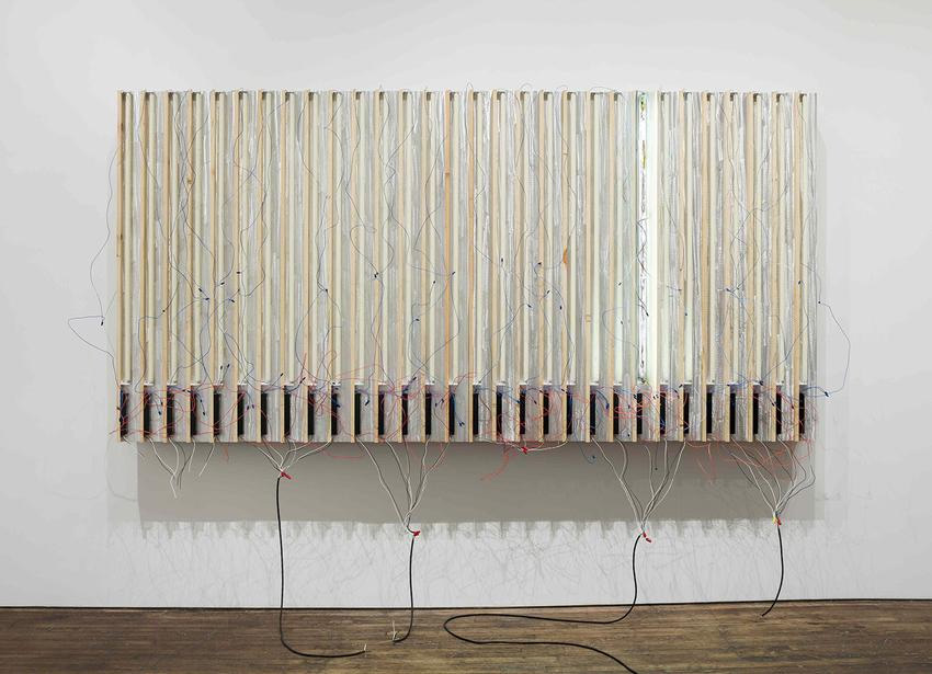 Pedro Cabrita Reis One Left 2014 Enamel on 30 fluorescent lights, wood, aluminium tubing, electrical ballasts, wiring 190 x 363 x 58 cm