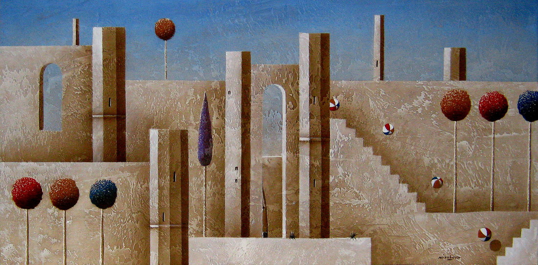 Carlo Mirabasso - Apparizione di un burocrate, oil on board, cm 30x60