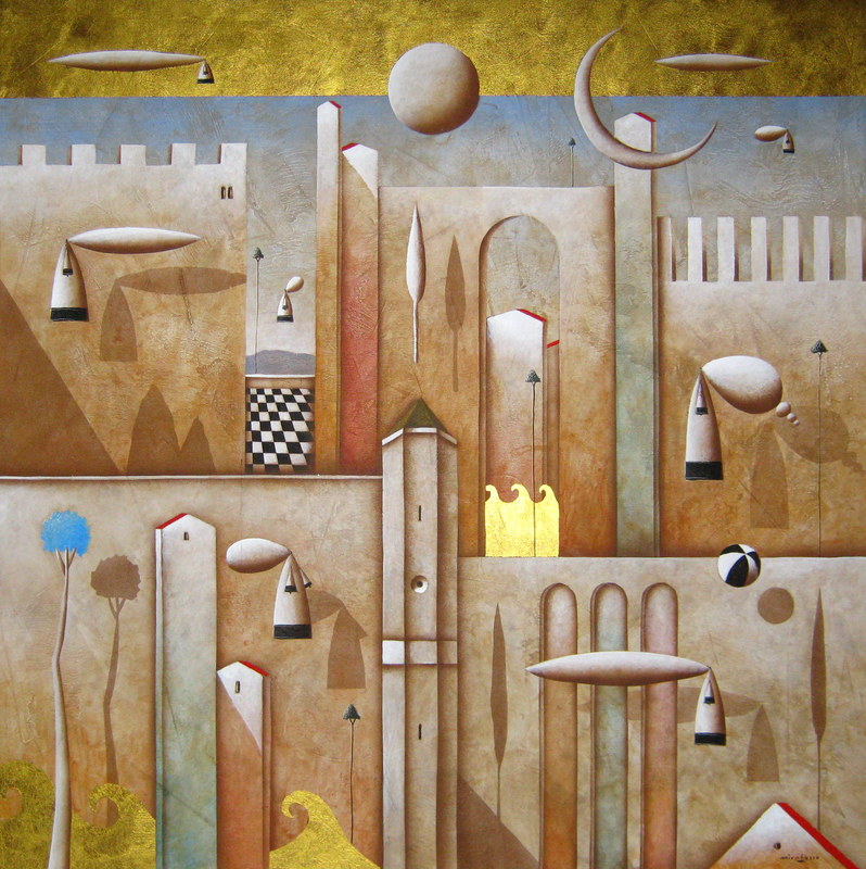 Carlo Mirabasso - Espolorazioni simultanee, oil and gold on board, cm 70x70