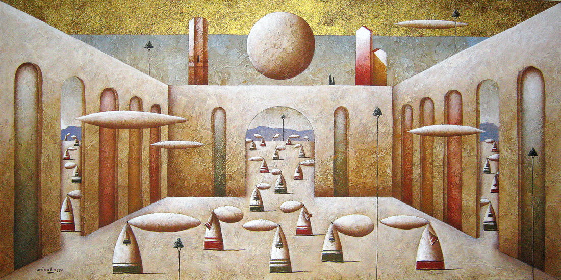 Carlo Mirabasso - Pettegole curiose alla ricerca di nulla, oil and gold on board, cm 30x60