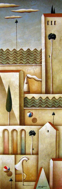 Carlo Mirabasso - Piccolo borgo sul mare, oil on board, cm 60x20