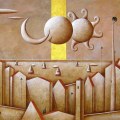Carlo Mirabasso – The mystery of the double eclipse, oil and gold on board, cm 50×150