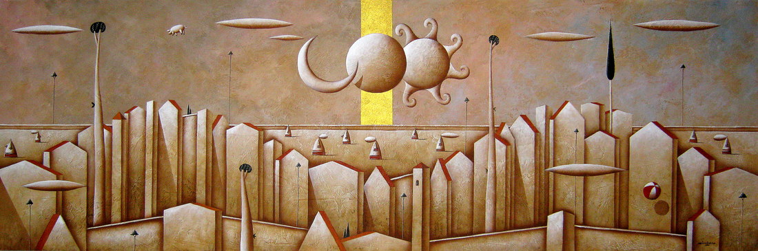 Carlo Mirabasso - The mystery of the double eclipse, oil and gold on board, cm 50x150