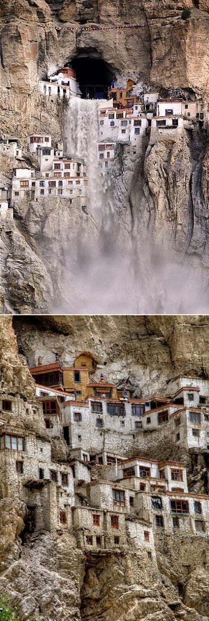 Monastero di Phugtal. La costruzione a falde a nido d'ape è una dimora di 70 monaci in Ladakh, in India