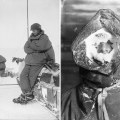 A sinistra: Mawson riposa appoggiato sulla slitta, fuori durante il primo viaggio attraverso Tierra Adelia | A destra: maschera per il ghiaccio, CT Madigan. Fotografia di Frank Hurley