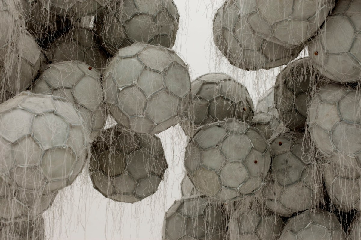 Darío Escobar - “Obverse & reverse XIV” detail (2013), latex, leather, string and steel, 138 x 78 x 78 inches. Photo credit: Mads Fredrik, courtesy of the artist and Nils Stærk Gallery