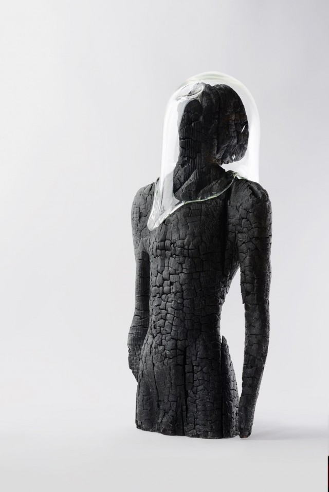 Fiato, legno carbonizzato e vetro,78x40x33cm, 2015 low by Aron Demetz @ MANN, Napoli
