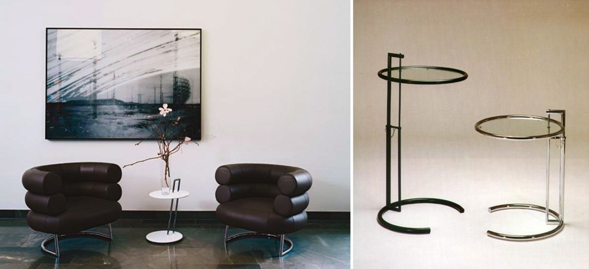 A sinistra le poltrone Bibendum e a destra il tavolino E-1027