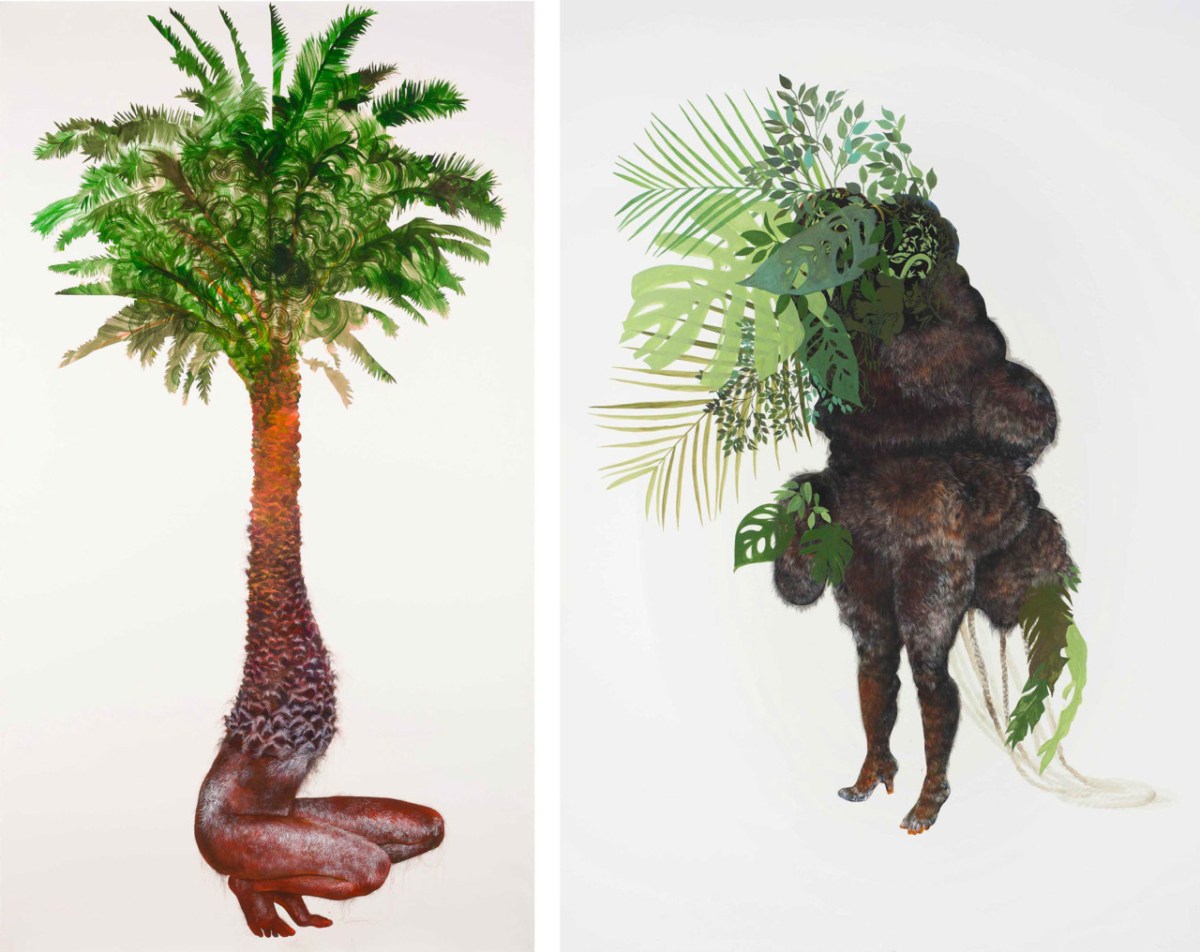 Firelei Báez - Left - 'Wanderlust Demanding Recompense' (2016), acrylic and ink on paper, 93 x 52 inches (236.2 x 132.1 cm) - Right - 'Ciguapa Pantera' (2015), acrylic and ink on paper, 95 x 69 inches (241.3 x 165.1 cm)