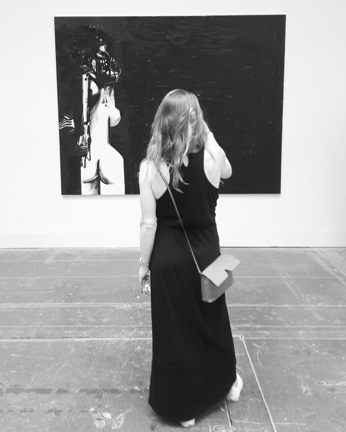 "Standing female figure in black space" (2018) by George Condo