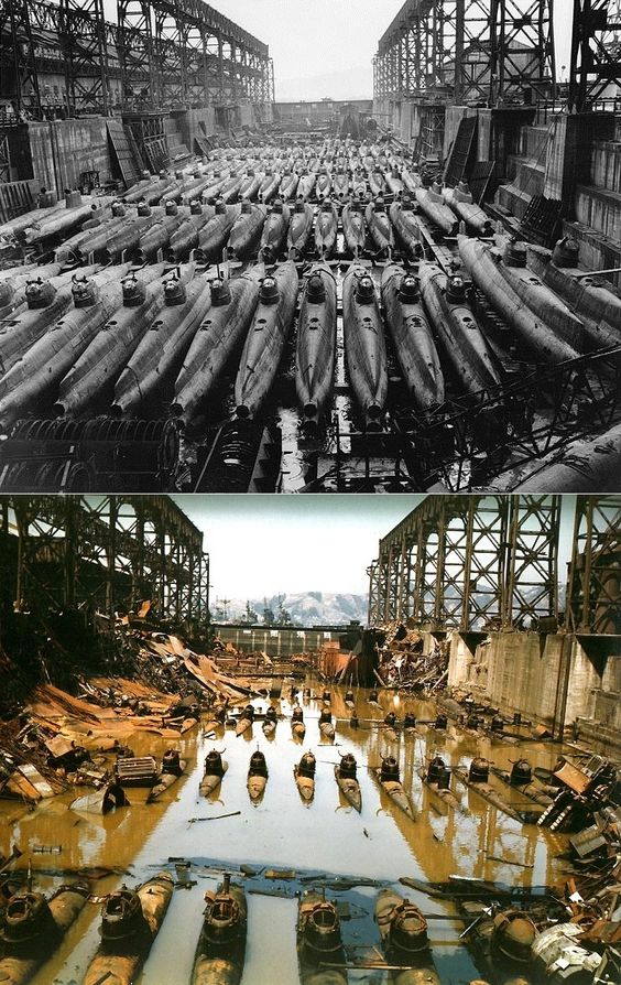 Alcuni 80 Tipo giapponese D ( "Koryu") midget sottomarini (o mini sottomarini) in un bacino di carenaggio a Kure. Prima e dopo i bombardamenti alleati.