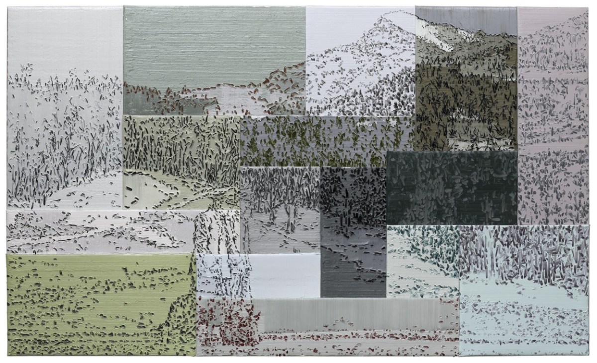 “Dog Walking (II)” (2015), oil on aluminum panel, 94-1/2 × 13′ 1-1/2 × 4-15/16 inches © Li Songsong, courtesy Pace Gallery