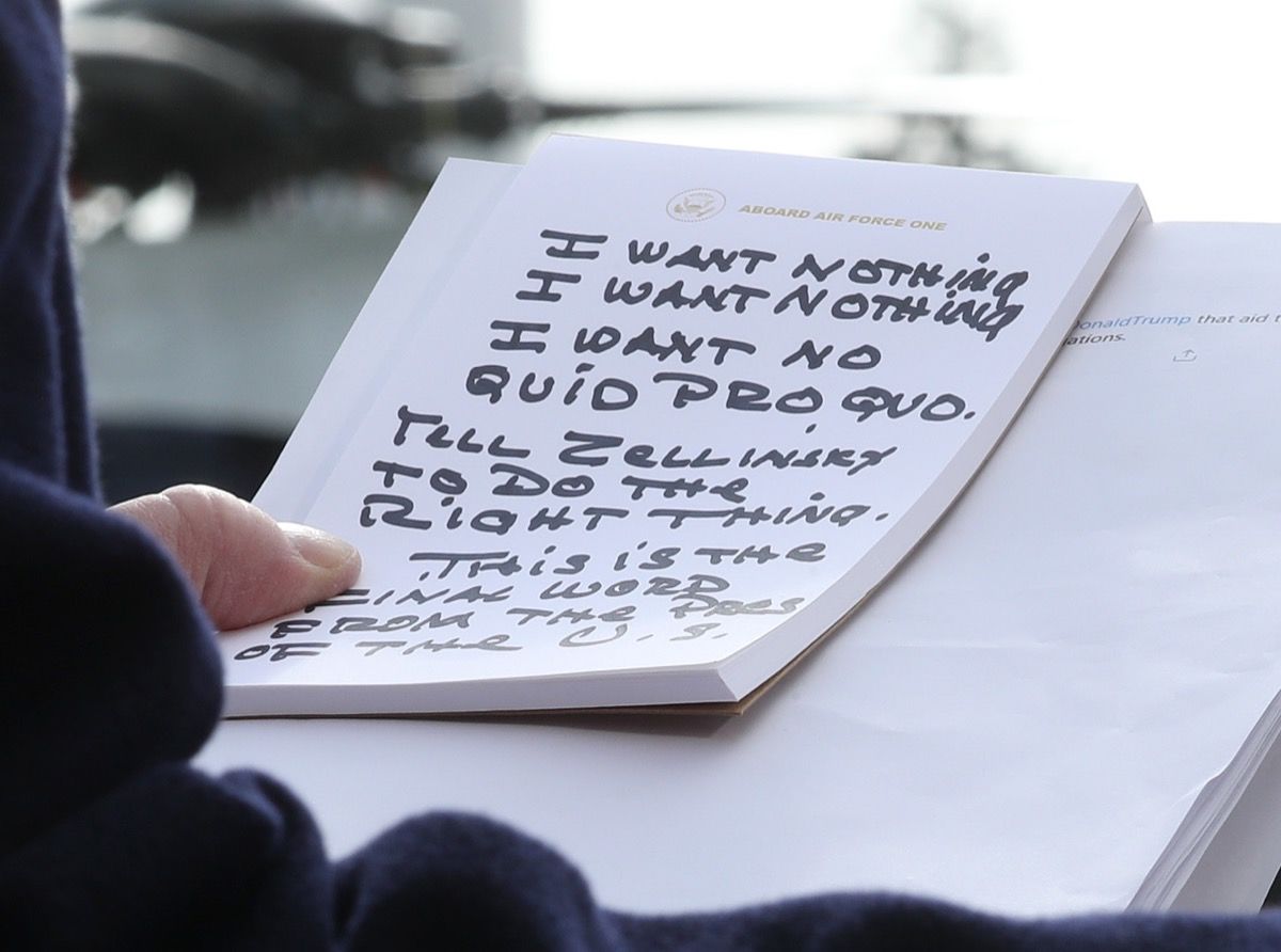 WASHINGTON, DC - NOVEMBER 20: U.S. President Donald Trump holds his notes while speaking to the media before departing from the White House on November 20, 2019 in Washington, DC. President Trump spoke about the impeachment inquiry hearings currently taking place on Capitol Hill. (Photo by Mark Wilson/Getty Images)