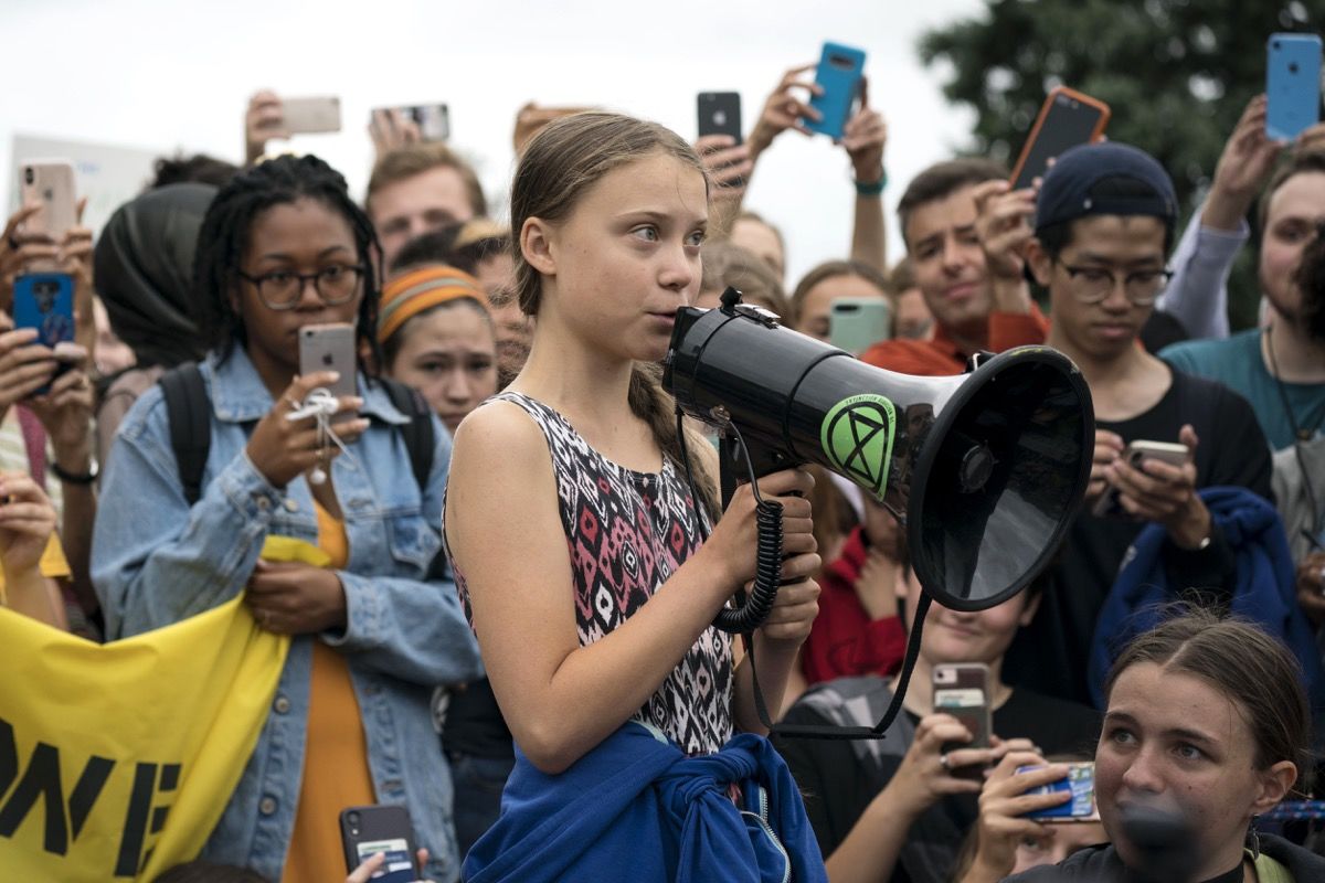 WASHINGTON, DC - SEPTEMBER 13: Swedish youth climate activist Greta Thunberg delivers brief remarks surrounded by other student environmental advocates during a strike against climate change outside the White House on September 13, 2019 in Washington, DC. The strike is part of Thunberg's six day visit to Washington ahead of the “Global Climate Strikes” on Friday September 20. (Photo by Sarah Silbiger/Getty Images)