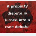 Richard Bell, A property dispute is turned into a race debate, 2019 acrylic on canvas 180 x 240 cm, courtesy l’artista e PAC