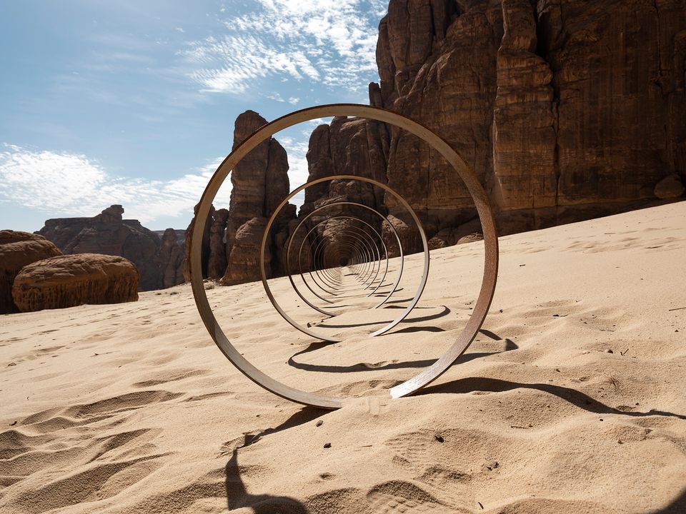 Rayyane Tabet's Steel Rings, from the series, The Shortest Distance Between Two Points. Photo- Lance Gerber. Courtesy of the artist, RCU and Desert X
