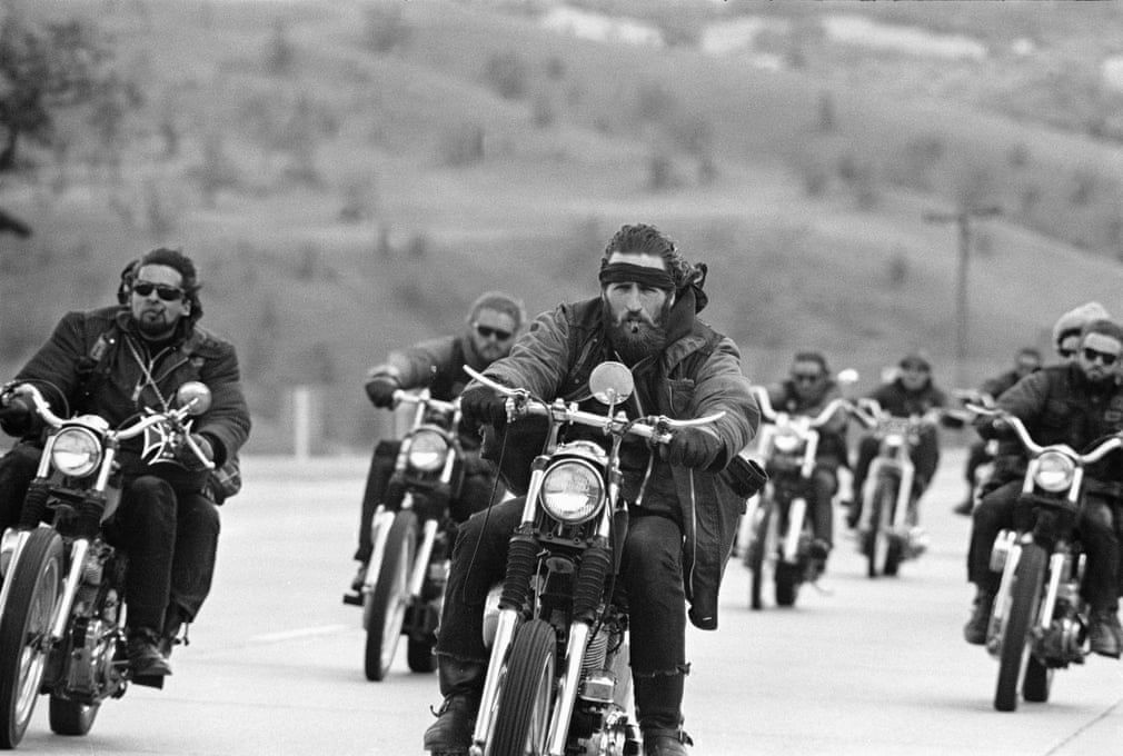 Hell Angels of San Bernardino cruise north towards Bakersfield, California, 1965 Photograph: Bill Ray/Life/Courtesy of Monroe Gallery