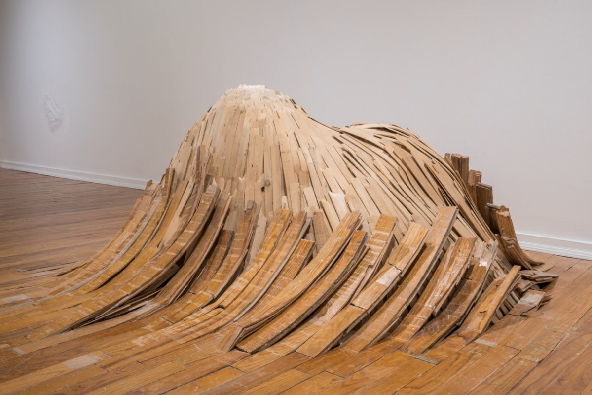 "Untitled (Flooring)" (2016-2017), flooring, shims, plaster, at Catinca Tabacaru Gallery in New York City