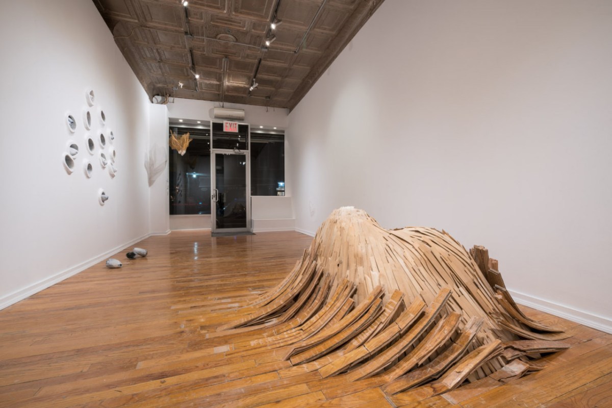 "Untitled (Flooring)" (2016-2017), flooring, shims, plaster, at Catinca Tabacaru Gallery in New York City