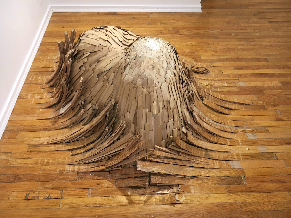 "Untitled (Flooring)" (2016-2017), flooring, shims, plaster, at Catinca Tabacaru Gallery in New York City