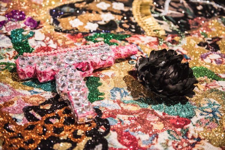 Installation view of “Ebony G. Patterson: … while the dew is still on the roses… “. © Ebony G. Patterson. All work courtesy of the artist and Monique Meloche Gallery, Chicago. Photo by Sarah Lyon.