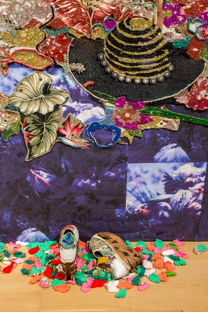 Installation view of “Ebony G. Patterson: … while the dew is still on the roses… “. © Ebony G. Patterson. All work courtesy of the artist and Monique Meloche Gallery, Chicago. Photo by Sarah Lyon.