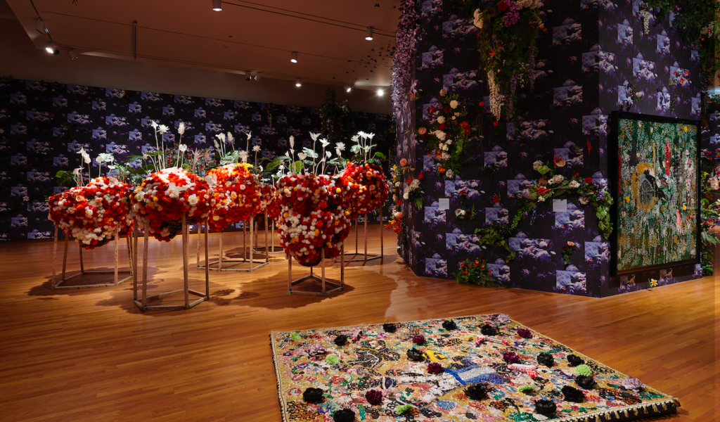 Installation view of “Ebony G. Patterson: … while the dew is still on the roses… “. © Ebony G. Patterson. All work courtesy of the artist and Monique Meloche Gallery, Chicago. Photo by Sarah Lyon.