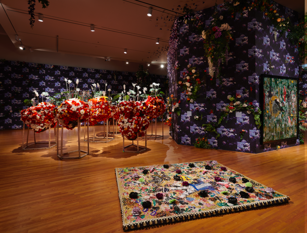 Installation view of “Ebony G. Patterson: … while the dew is still on the roses… “. © Ebony G. Patterson. All work courtesy of the artist and Monique Meloche Gallery, Chicago. Photo by Sarah Lyon.