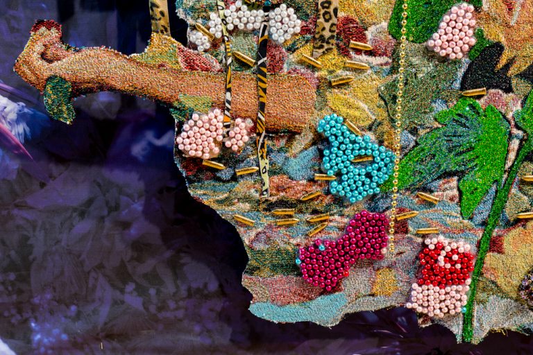 Installation view of “Ebony G. Patterson: … while the dew is still on the roses… “. © Ebony G. Patterson. All work courtesy of the artist and Monique Meloche Gallery, Chicago. Photo by Sarah Lyon.