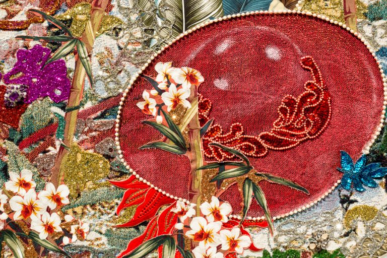 Installation view of “Ebony G. Patterson: … while the dew is still on the roses… “. © Ebony G. Patterson. All work courtesy of the artist and Monique Meloche Gallery, Chicago. Photo by Sarah Lyon.