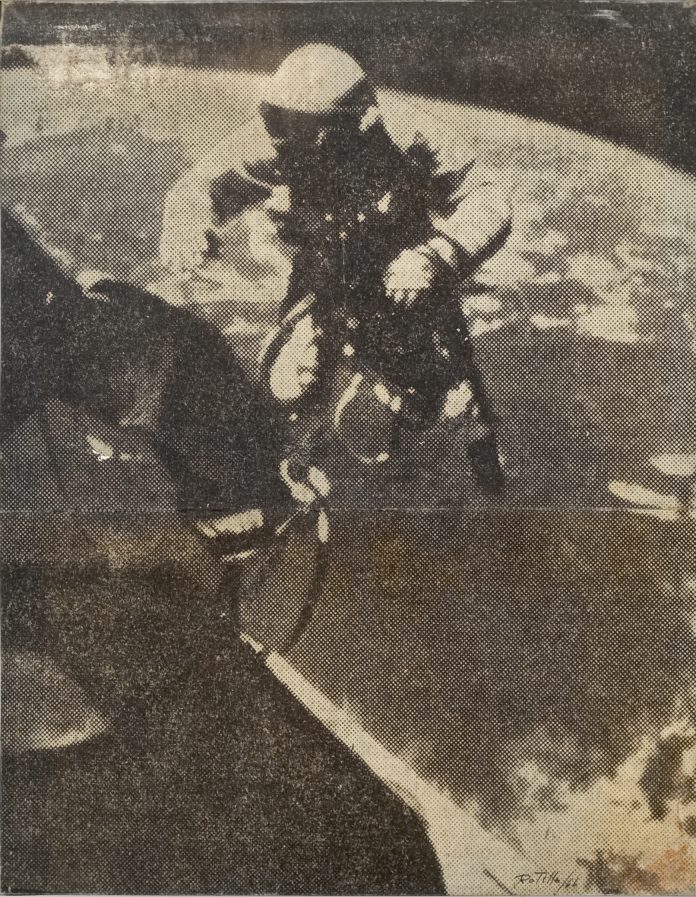 Mimmo Rotella, L’astronaute, 1966, Photo emulsion on canvas, 146 x 114 cm, courtesy Mimmo Rotella Institute e Cardi Gallery
